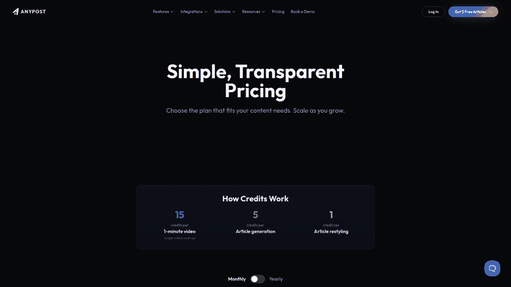 Screenshot: Pricing tiers and credit allocation for content generation, SEO optimization, and auto‑publishing.