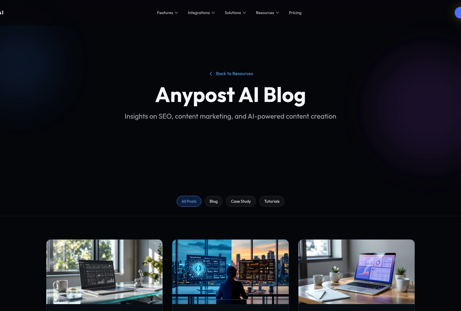 Screenshot: Blog landing page that hosts case studies and success stories featuring real‑world use of Anypost.