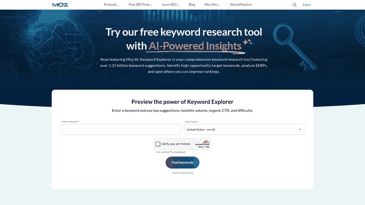 Screenshot: Moz Keyword Explorer page highlighting volume, difficulty, and intent metrics.