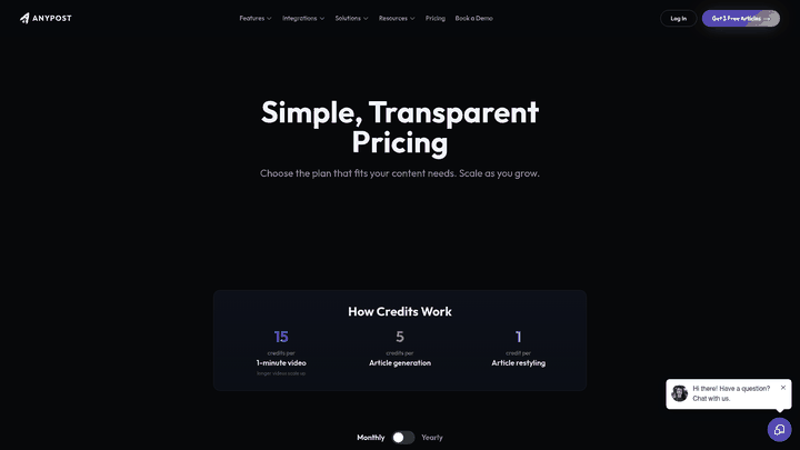 Screenshot: Pricing table with Starter, Growth, and Enterprise tiers and credit system.