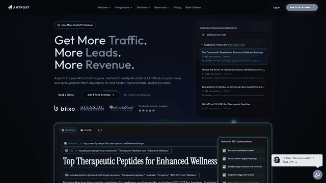 Screenshot: Homepage showcasing AnyPost.ai’s value proposition, key benefits, and brand voice.