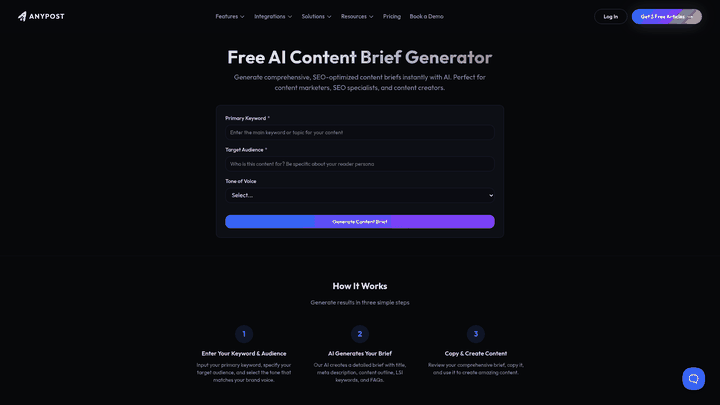 Screenshot: Screenshot of the Content Brief Generator showing the primary keyword input, tone selection, and the resulting content outline with LSI keywords.