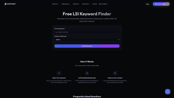 Screenshot: Screenshot of the LSI Keyword Finder interface showing the keyword input field and the generated LSI keyword list.