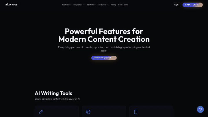 Screenshot: Full‑page capture of the Features page, highlighting sections on SEO Optimization, Performance Analytics, and Real‑time Insights.