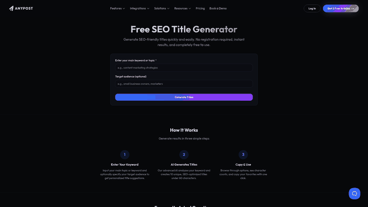 Screenshot: Screenshot of the SEO Title Generator interface displaying keyword input and the list of generated SEO‑friendly titles.