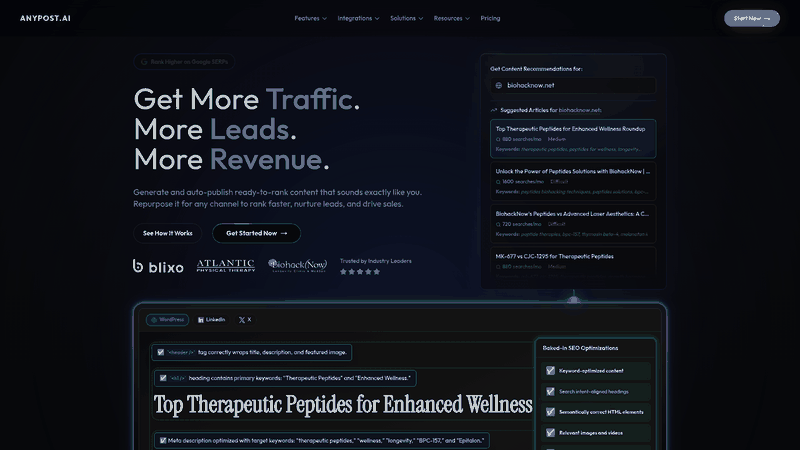 Screenshot: Homepage showcasing the AnyPost AI brand, key value propositions, and a clear call‑to‑action for B2B marketers.