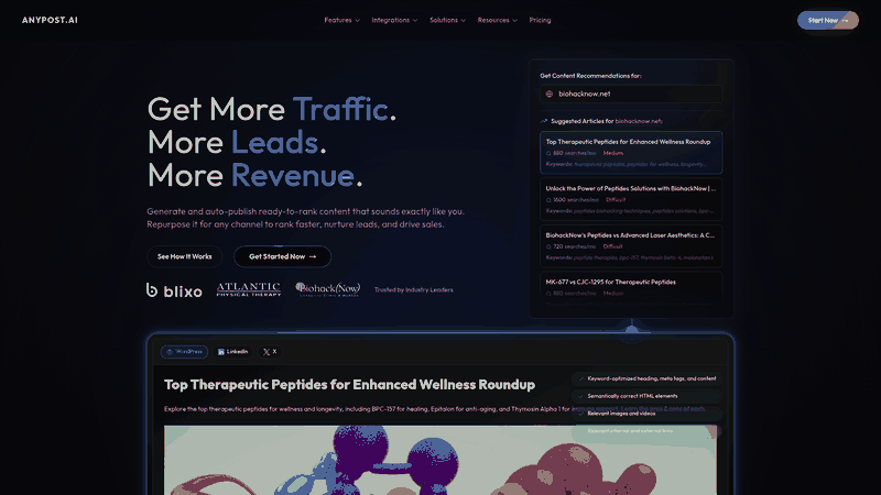 Screenshot: Shows the AnyPost.ai homepage with AI‑powered content generation, SEO‑optimized publishing, and brand‑voice matching features.