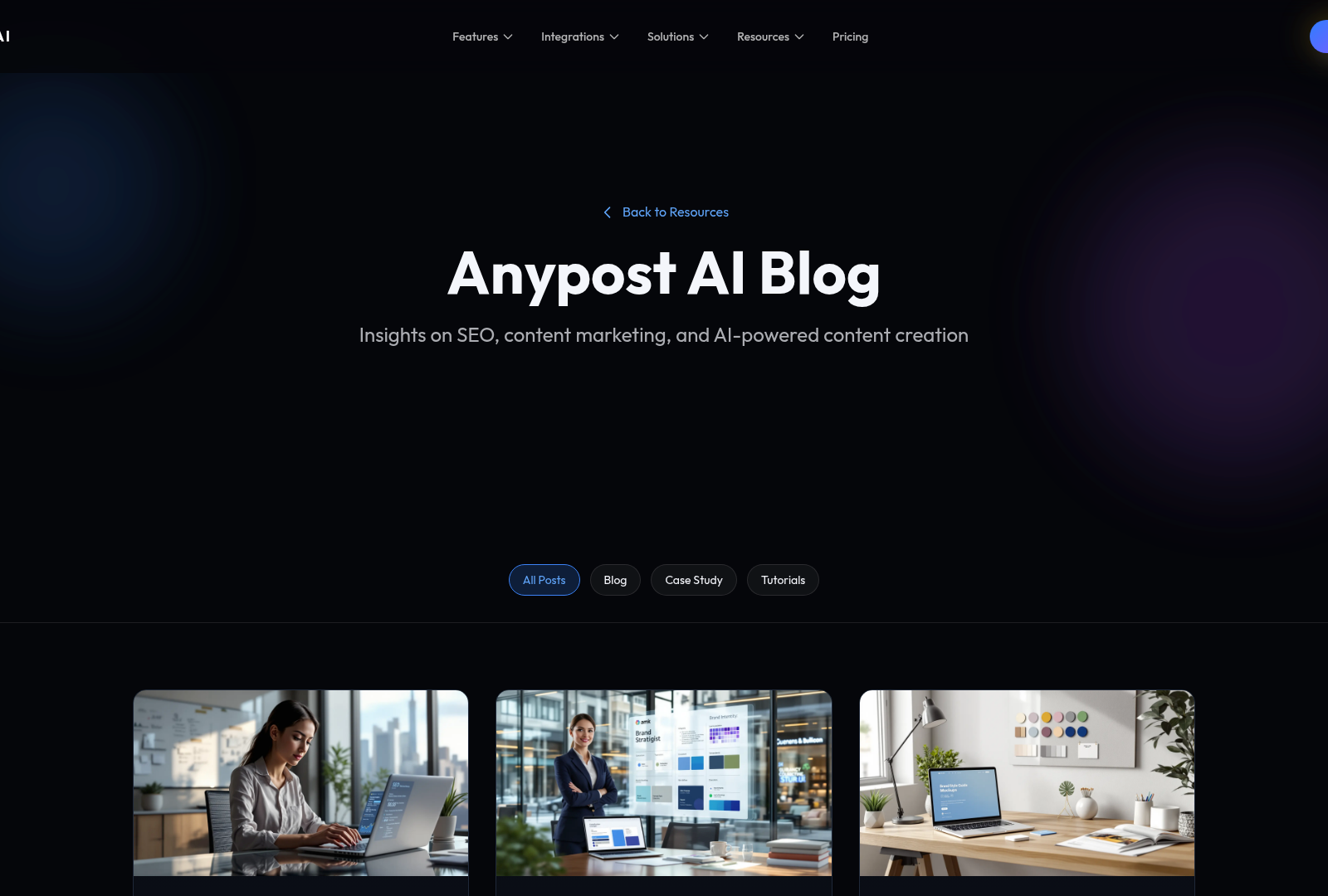 Screenshot: Blog landing page featuring articles on SEO, content strategy, and AI-driven optimization.