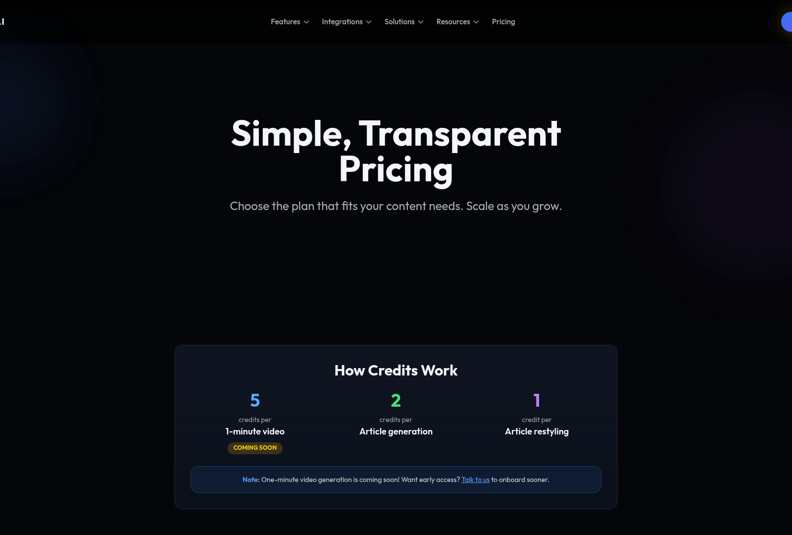 Screenshot: Pricing table with plan tiers, credits, and feature highlights.