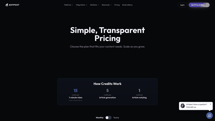 Screenshot: AnyPost.ai pricing plans and credit structure