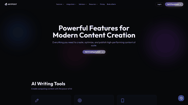 Screenshot: AnyPost.ai features page showcasing multi‑platform publishing, SEO optimization and real‑time analytics.