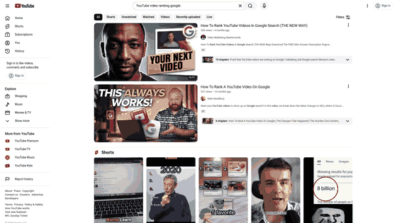 Screenshot: YouTube search results page displaying video thumbnails and rankings for the query.