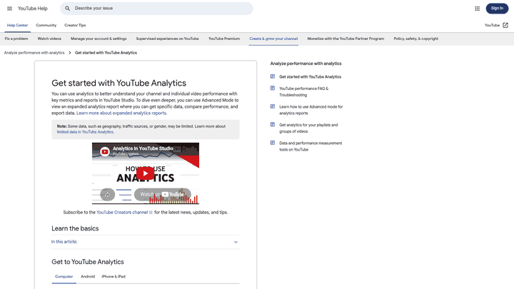 Screenshot: YouTube Analytics help page outlining key tabs and metrics for channel and video performance.