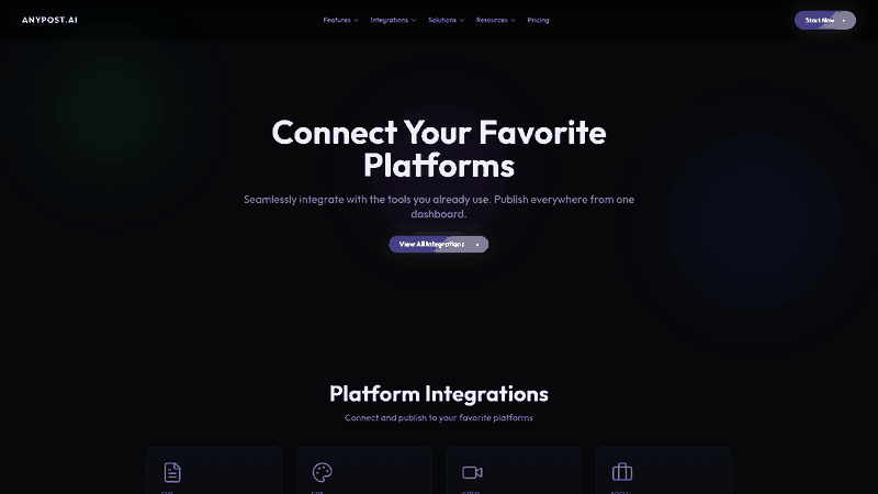 Screenshot: List of supported integrations with popular marketing and publishing tools