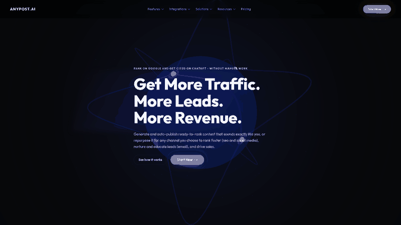Screenshot: Homepage hero showcasing the AnyPost brand, tagline, and a concise overview of its automated content generation and SEO‑optimized publishing capabilities.