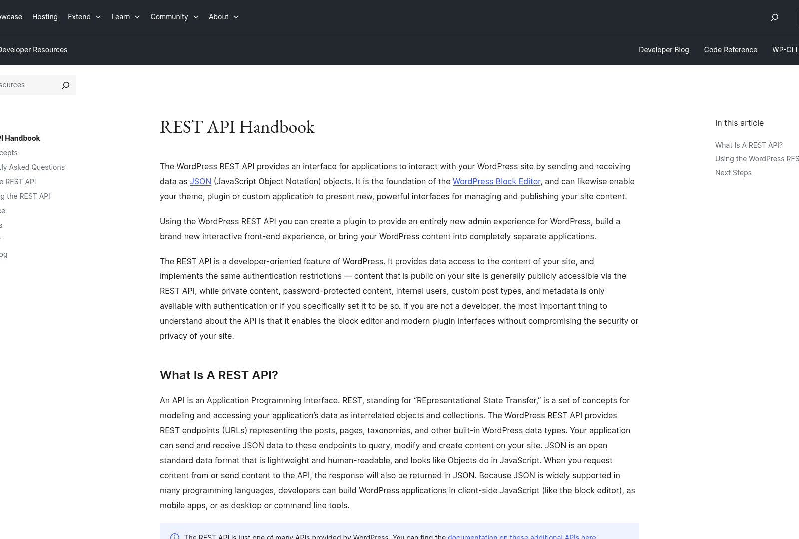 Screenshot: Official WordPress REST API documentation overview