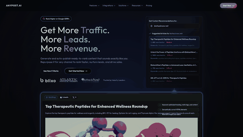 Screenshot: Homepage of AnyPost.ai showcasing the brand’s AI‑powered content creation platform.