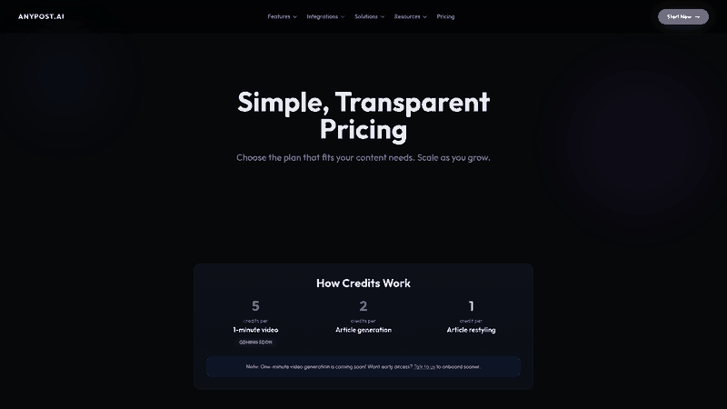 Screenshot: Full-page pricing table with plan options, credit allocations, and feature highlights (SEO optimization, multi-platform publishing, real‑time analytics).