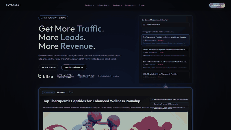 Screenshot: Hero section of AnyPost.ai showcasing the platform’s mission to generate SEO‑optimized content at scale.