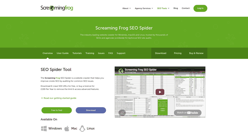 Screenshot: Product page for Screaming Frog SEO Spider, including screenshots of the tool's interface.