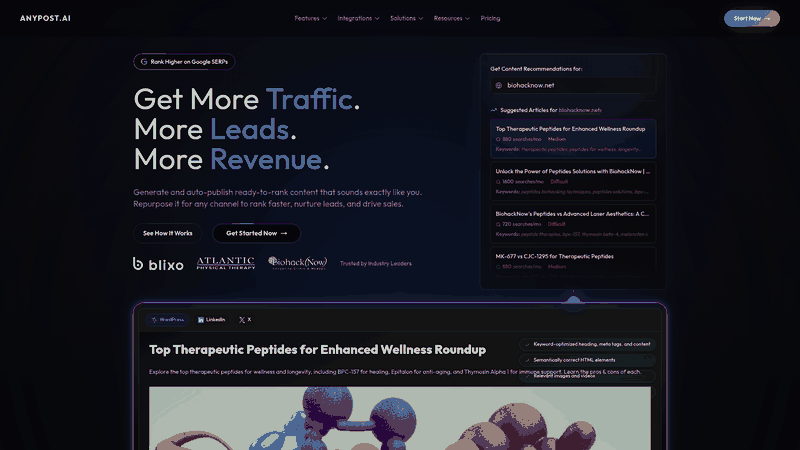Screenshot: Homepage showcasing the platform’s value proposition and key features such as AI‑driven content creation, SEO optimization, and multi‑channel publishing.