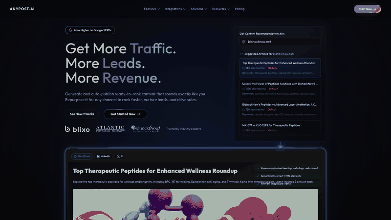 Screenshot: Landing page showcasing the platform’s AI content generation capabilities and brand voice alignment.