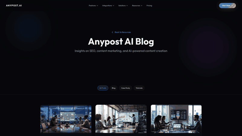 Screenshot: Blog landing page showcasing articles on AI, SEO, and content marketing best practices.