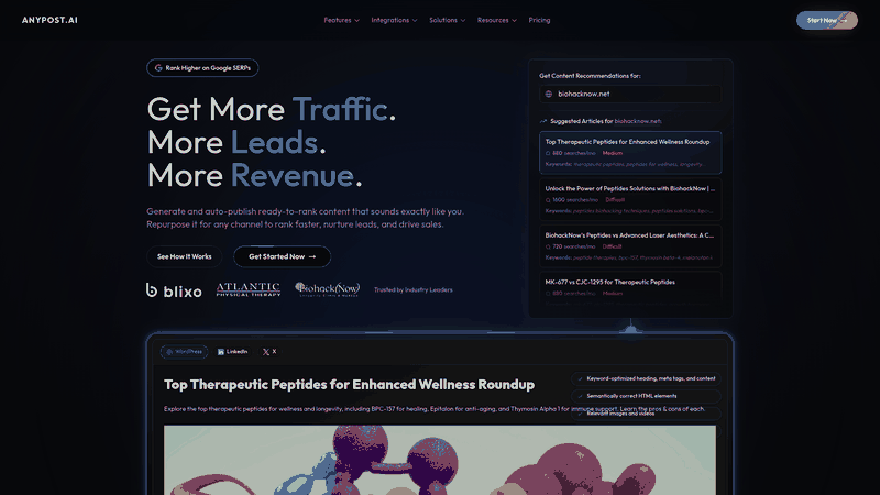 Screenshot: Homepage overview of AnyPost.ai showcasing AI content generation, SEO optimization, and multi‑platform publishing capabilities.