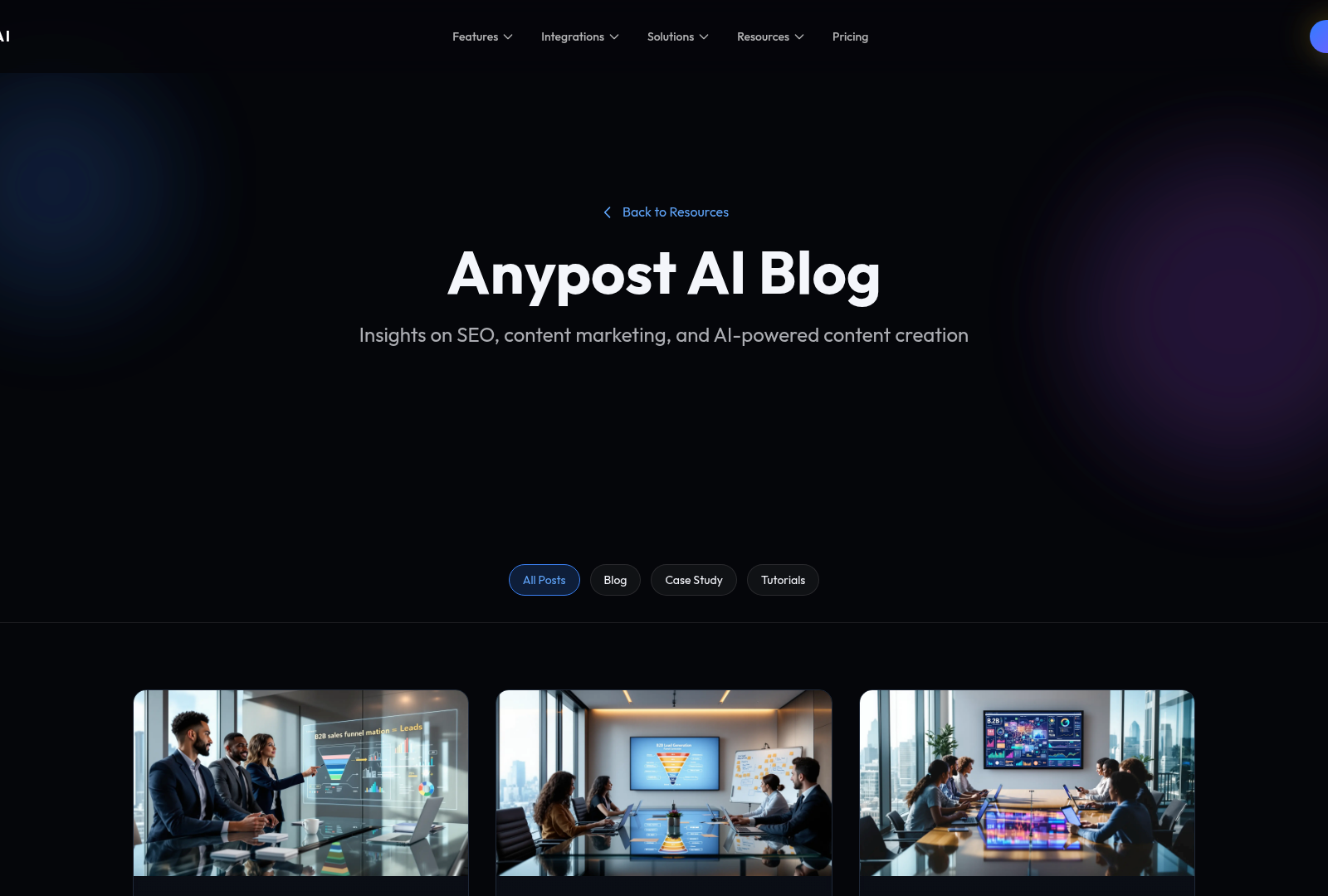 Screenshot: Blog page featuring AI‑generated articles and case studies demonstrating content repurposing.