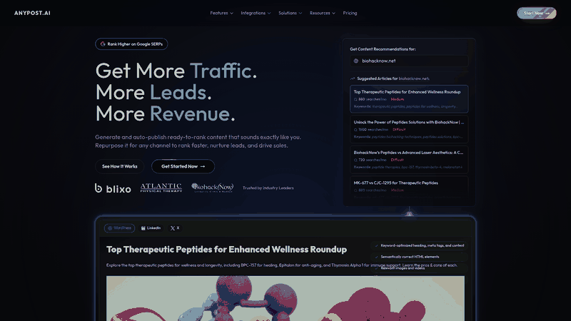 Screenshot: Landing page that showcases the overall platform and its promise to generate SEO‑optimized content automatically.