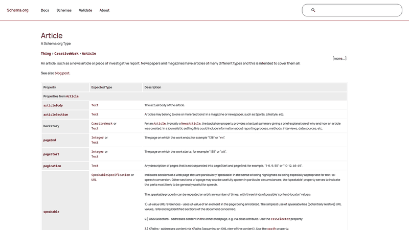 Screenshot: Screenshot of the Schema.org Article type page, highlighting the properties and example usage of article schema.