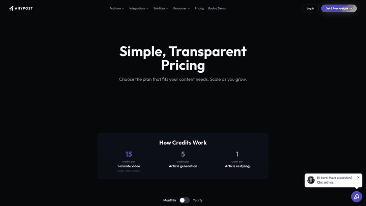 Screenshot: AnyPost.ai pricing table showing credit-based plans and features.
