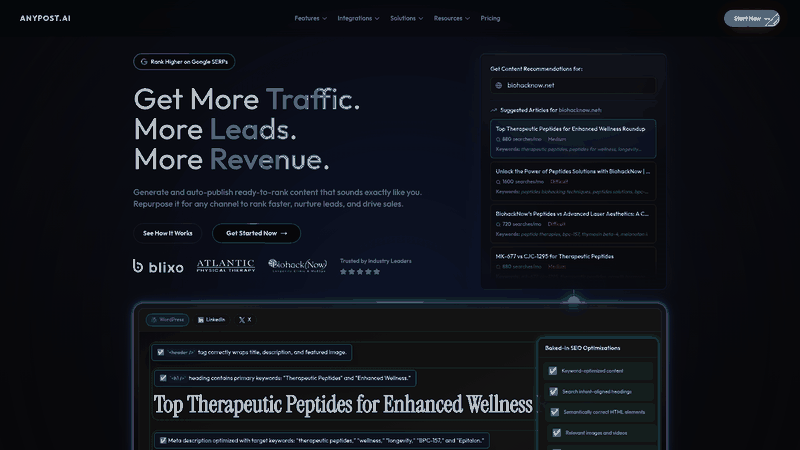 Screenshot: Homepage of AnyPost.ai showcasing its AI‑powered content creation focus and key features.