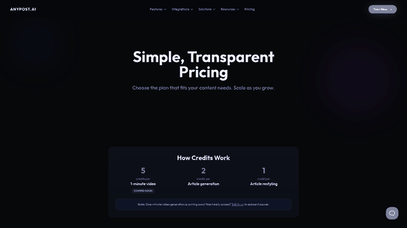 Screenshot: Pricing table highlighting content creation, SEO optimization, and analytics features