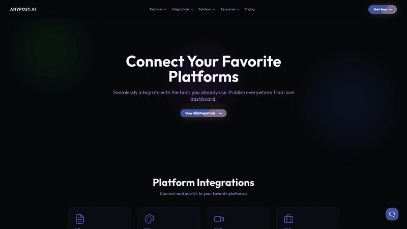Screenshot: Integration page demonstrating multi‑platform publishing and API access