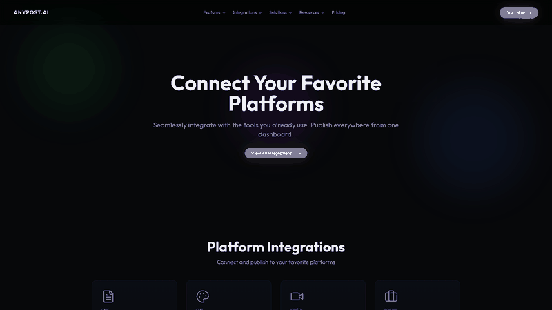 Screenshot: Dashboard screenshot of the integrations page showing supported publishing platforms and one‑click publishing capability.