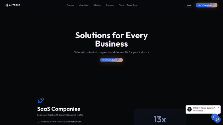 Screenshot: Illustration of tailored solutions for SaaS, B2B, agencies, e‑commerce and local businesses.