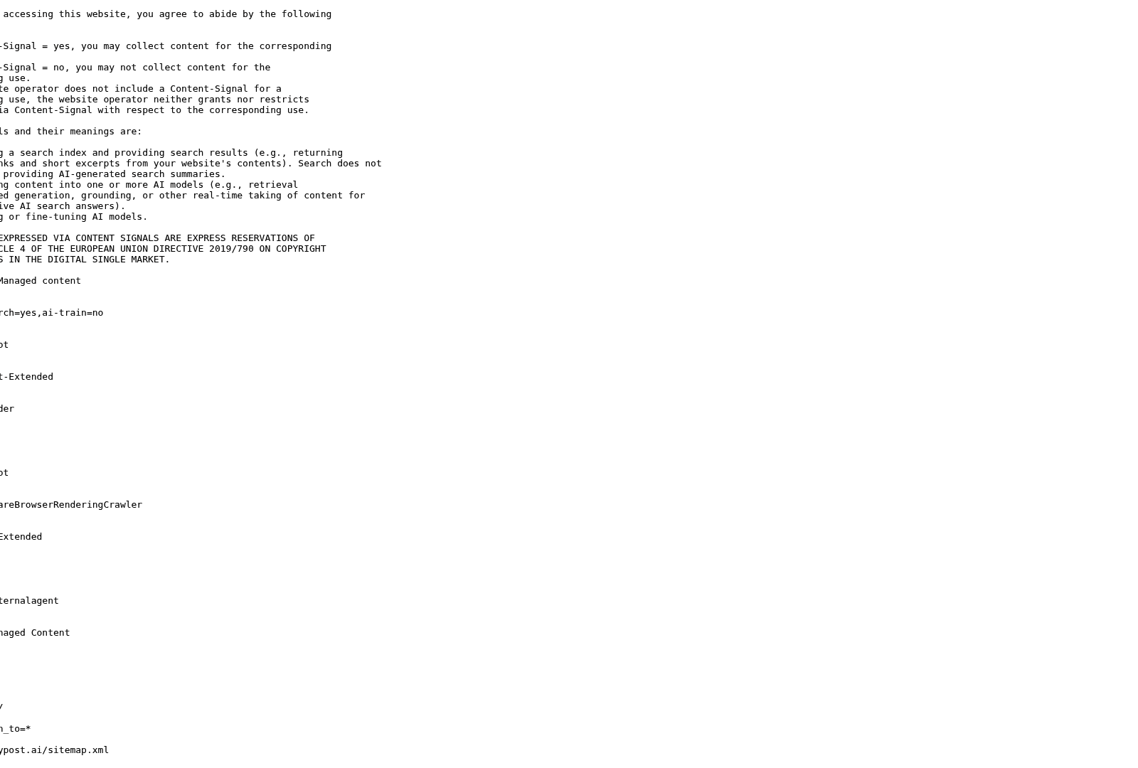Screenshot: Sample robots.txt file from AnyPost.ai, illustrating how to allow or disallow specific bots and set content‑signal directives.