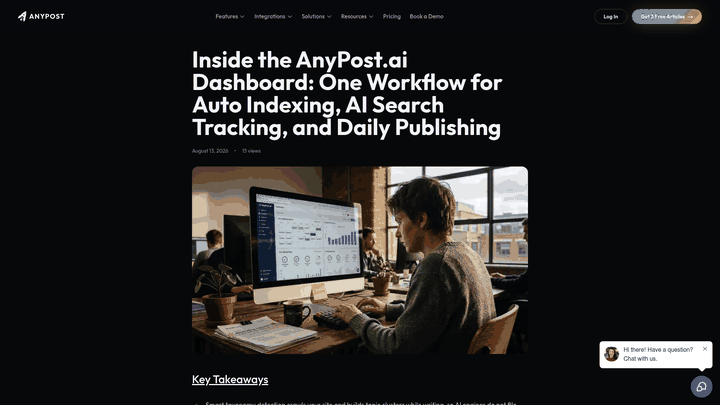 Screenshot: Dashboard walkthrough showing auto‑indexing, AI search tracking, and real‑time analytics