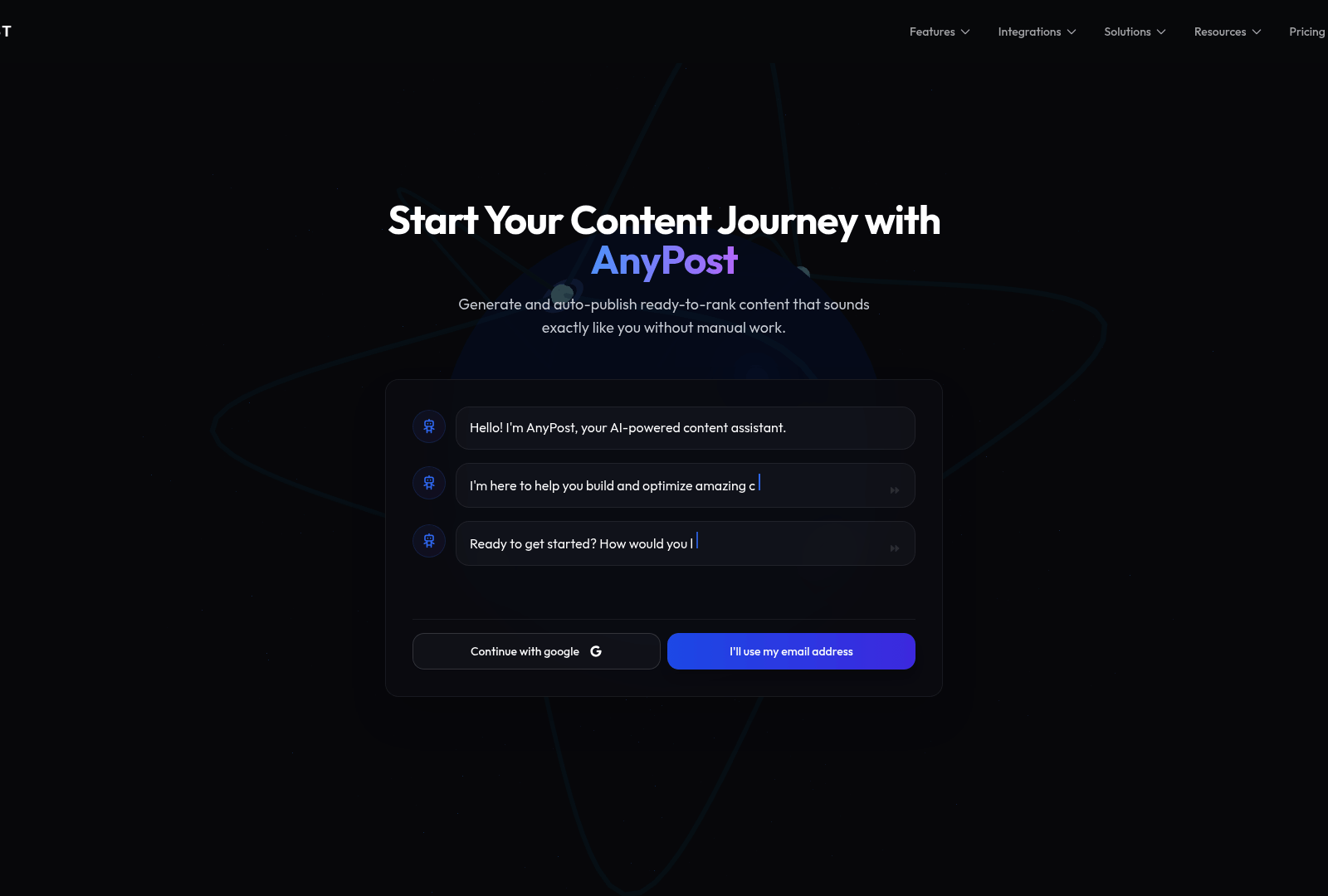 Screenshot: Login and sign‑up interface for AnyPost.ai