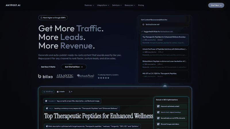 Screenshot: Homepage of AnyPost.ai showcasing its core capabilities – automated content generation, SEO‑optimized publishing, persona‑engine tone matching, and real‑time analytics.
