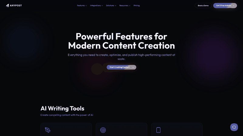 Screenshot: Feature list highlighting content scheduling, SEO optimization, multi‑platform publishing and persona engine