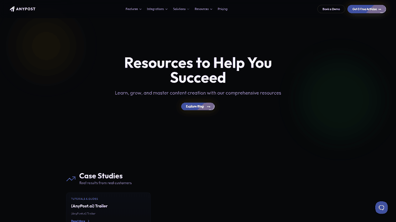 Screenshot: Resources page with guides, tutorials and case studies on AI content strategy
