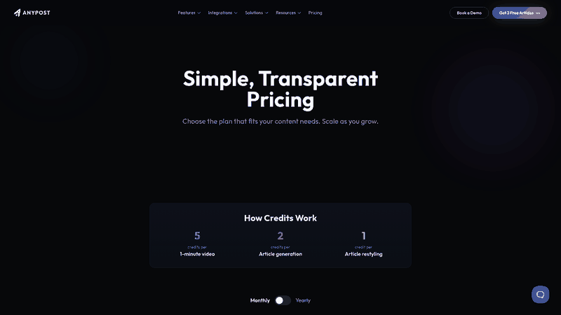 Screenshot: Pricing table showing starter, growth, pro, scale and enterprise plans with credit usage and features