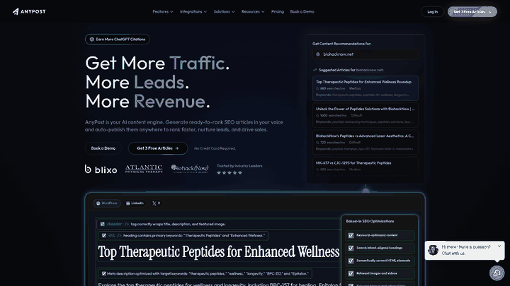 Screenshot: Visual overview of AnyPost.ai's homepage, showcasing its key selling points, CTA, and brand positioning.