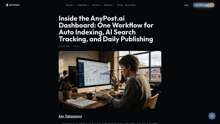 Screenshot: Illustrates the dashboard interface with real‑time AI search tracking, analytics, and auto‑publishing features.
