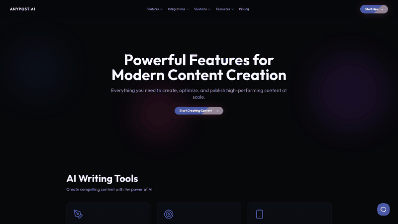 Screenshot: Features list highlighting automated content generation, SEO‑optimized publishing, and persona engine.