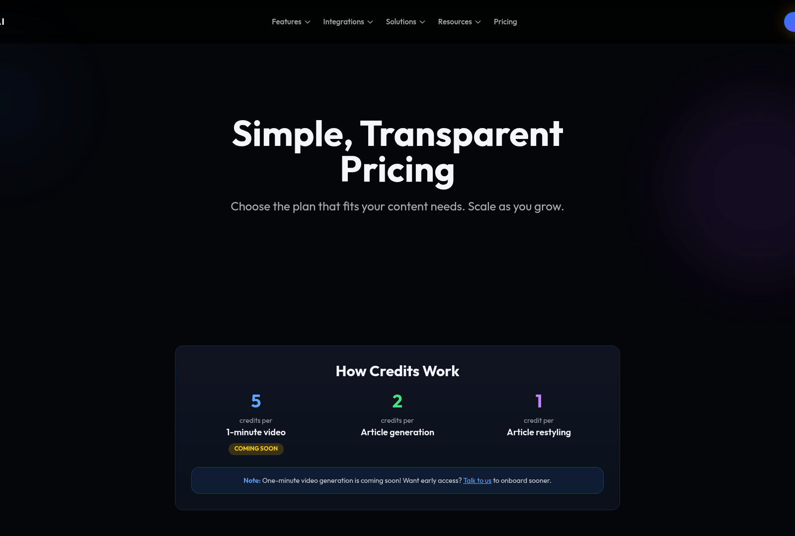 Screenshot: Pricing and feature table highlighting SEO optimization, analytics, and API access