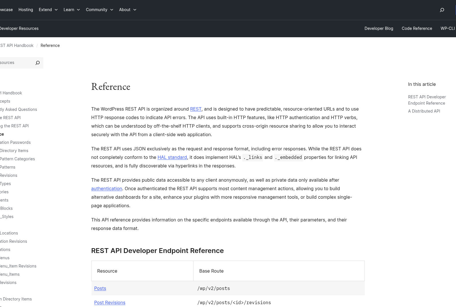 Screenshot: WordPress REST API reference page with endpoint table
