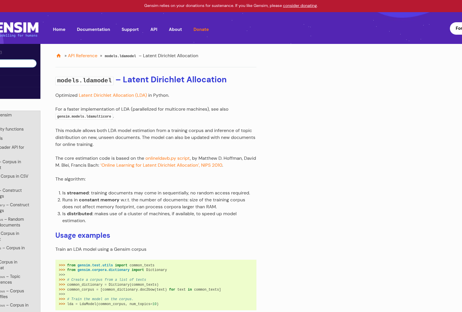 Screenshot: Gensim LDA usage example code snippet